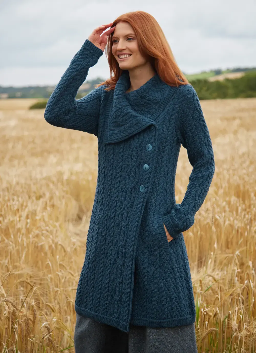 Deirdre Aran Coatigan in Blue Mallard